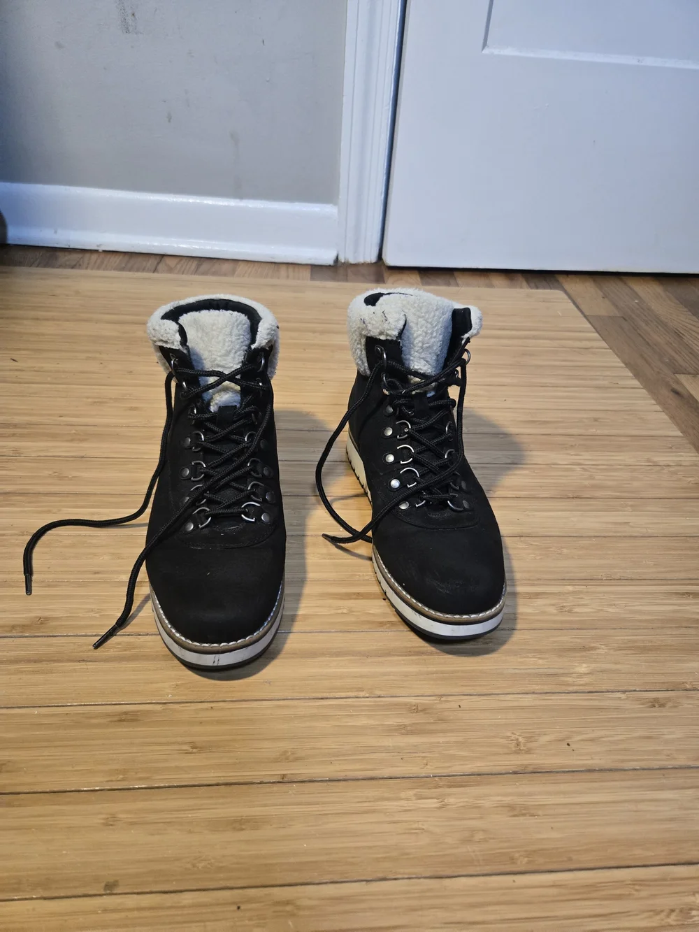 Men's Black Shearling-Trim Suede Hiker Boots